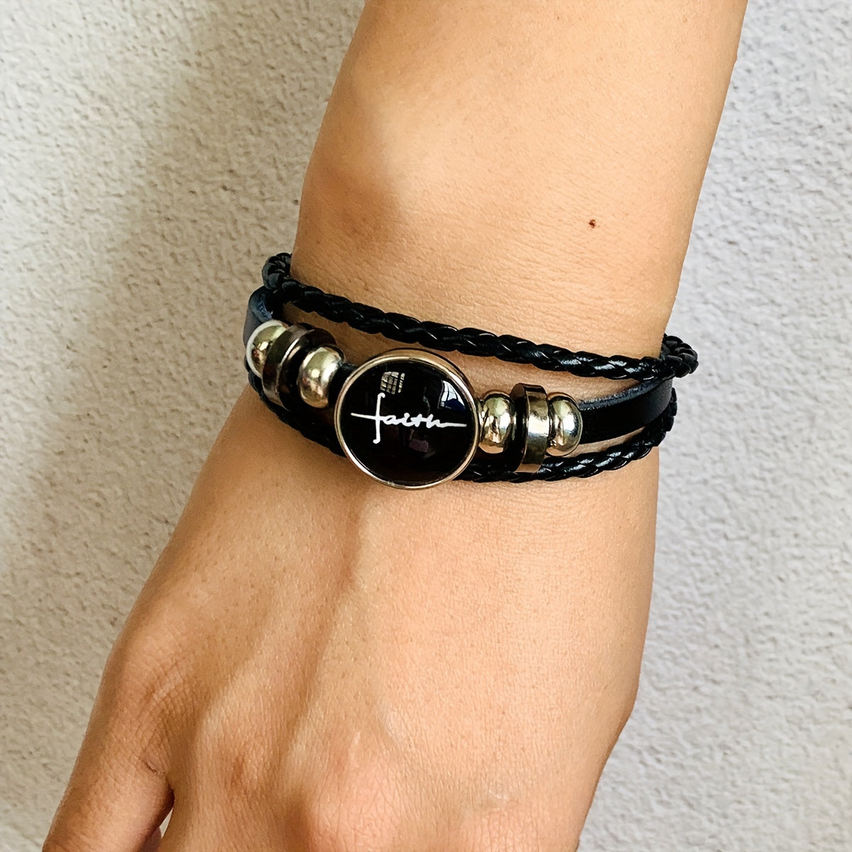 Faith Gemstone Cabochon Bracelet with Leather Rope - Whispers of Grace