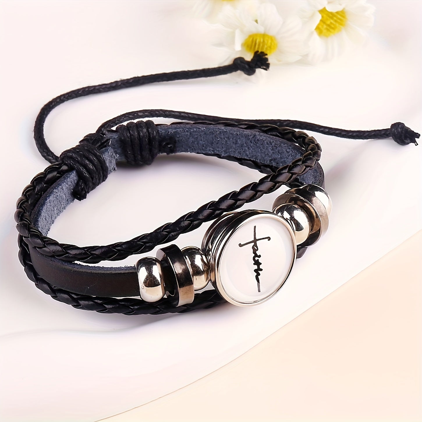 Faith Gemstone Cabochon Bracelet with Leather Rope - Whispers of Grace