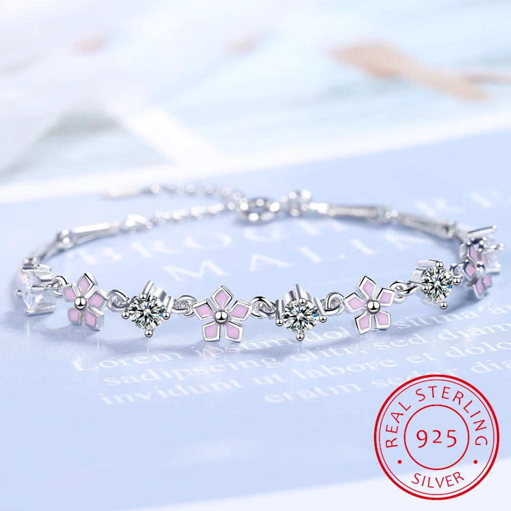 Pink Enamel Sakura and Diamond Bracelet - Whispers of Grace