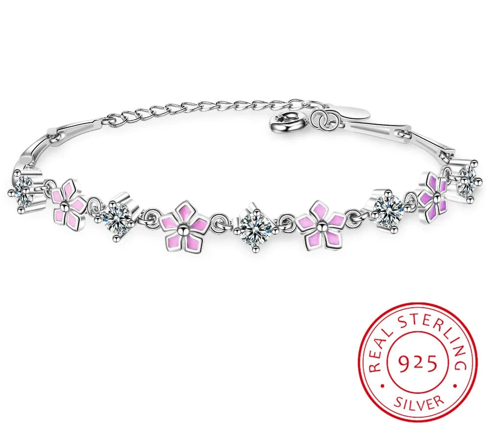 Pink Enamel Sakura and Diamond Bracelet - Whispers of Grace