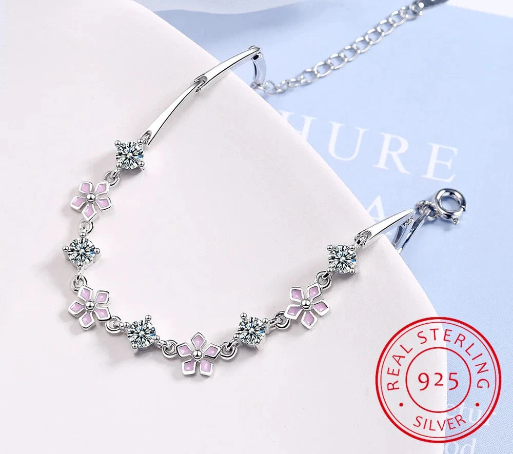 Pink Enamel Sakura and Diamond Bracelet - Whispers of Grace